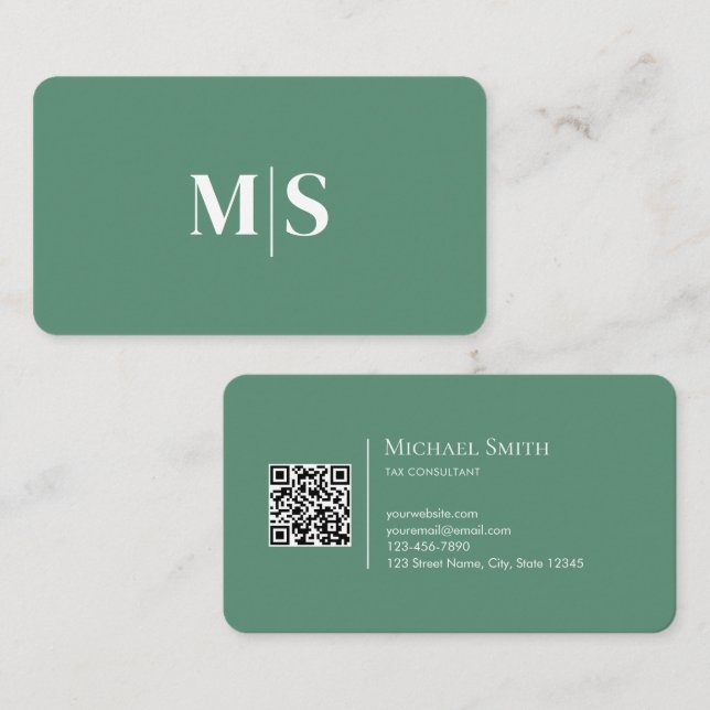 Minimalist Elegant Teal Green Initials QR Code Business Card (Front/Back)