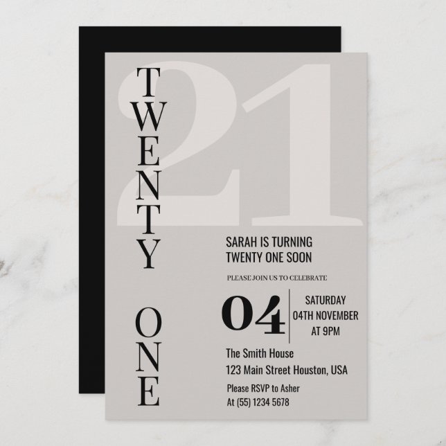 Minimalist Elegant Twenty One 21st Birthday Party  Invitation (Front/Back)