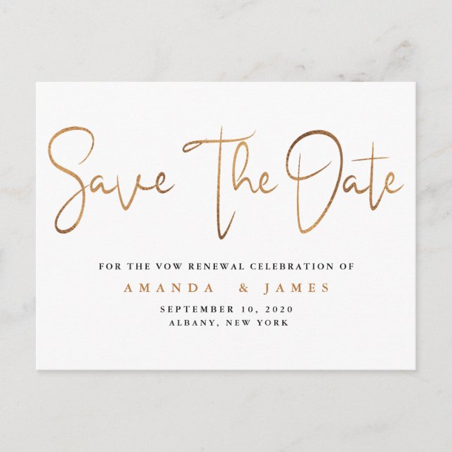 Minimalist Elegant Vow Renewal Save The Date Announcement Postcard (Front)