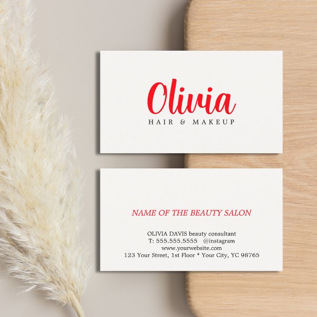 Minimalist Elegant Warm White Red Bold Beauty Business Card (Creator Uploaded)