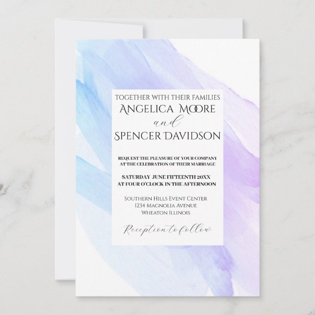 Minimalist elegant watercolor blue purple wedding  invitation (Front)