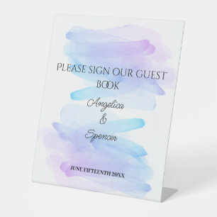 Minimalist elegant watercolor purple blue wedding pedestal sign