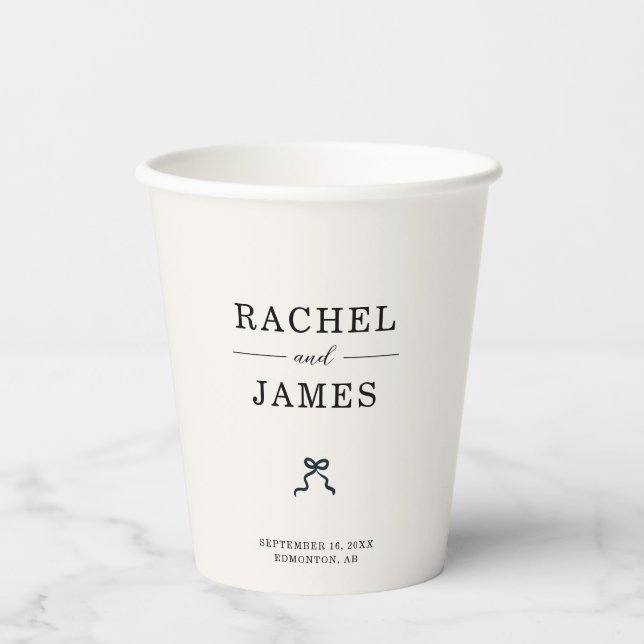 Minimalist Elegant Wedding Custom Name Bows Paper Cups (Front)