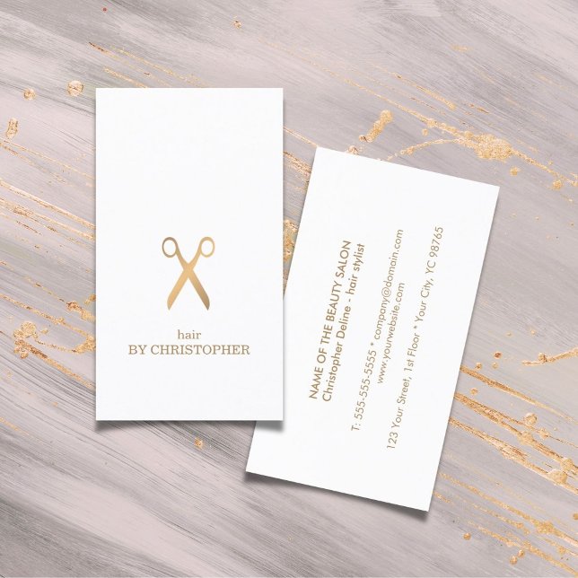 Minimalist Elegant White Faux Gold Hair Stylist Business Card (Creator Uploaded)