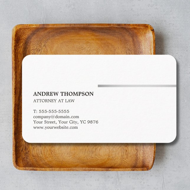Minimalist Elegant White Faux Silver Line Attorney Business Card (Creator Uploaded)