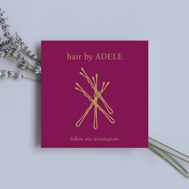 Minimalist Elegant Wine Red Golden Hair Pins Salon Square Business Card (Creator Uploaded)