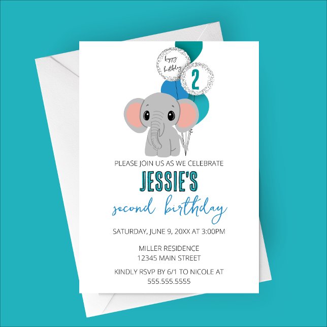Minimalist Elephant Birthday Party Invitatoin Invitation (Minimalist Blue Elephant Birthday Party Invitation)