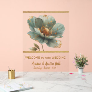 Minimalist Emerald and Gold Poppy Wedding Acrylic  Sign