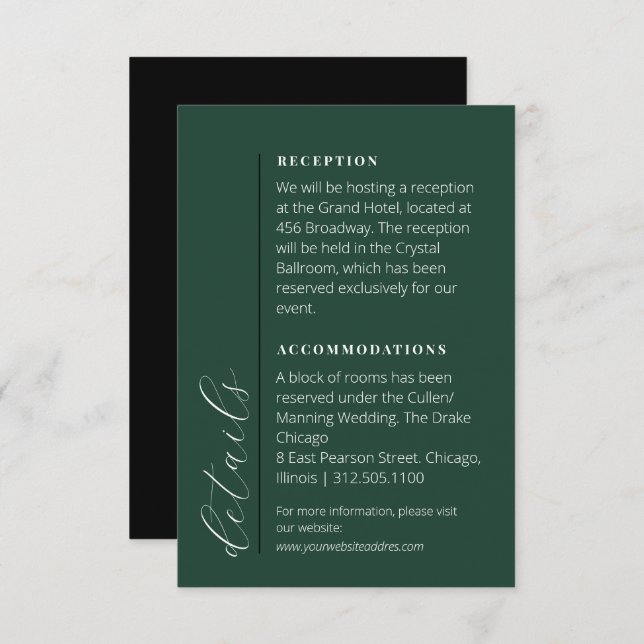 Minimalist Emerald Green and Black Wedding Info  Enclosure Card (Front/Back)