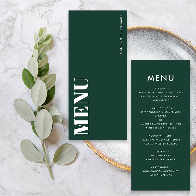 Minimalist Emerald Green Bold Modern Wedding Menu (Front / Back)