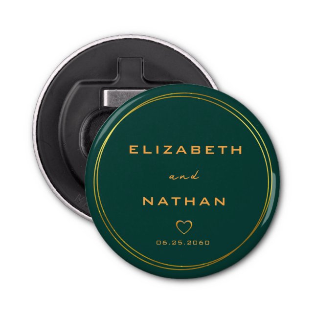 Minimalist Emerald Green & Gold Floral Wedding  Bottle Opener (Front)