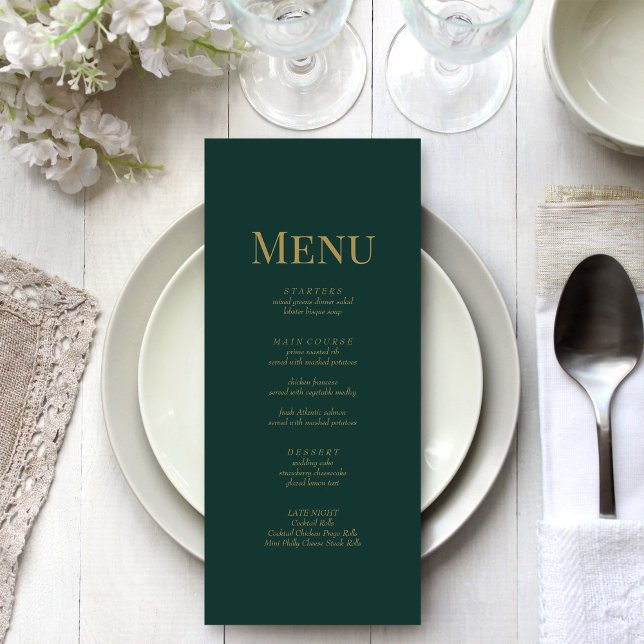 Minimalist Emerald Green Monogram Wedding  Menu (Minimalist Emerald Green Monogram Wedding Menu on a white and silver wedding table.)