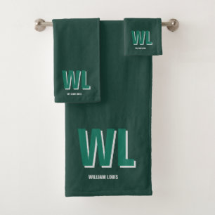 Minimalist Emerald Green Personalised Monogram Bath Towel Set