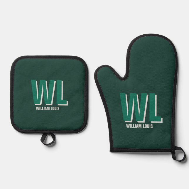 Minimalist Emerald Green Personalized Monogram  Oven Mitt & Pot Holder Set (Front)