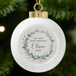 Minimalist Eucalyptus Baby First Christmas  Ceramic Ball Christmas Ornament