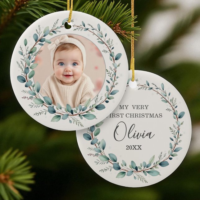 Minimalist Eucalyptus Baby First Christmas Photo Ceramic Tree Decoration (Creator Uploaded)