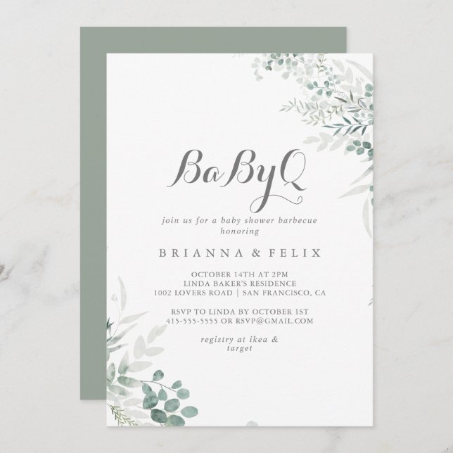 Minimalist Eucalyptus BabyQ Baby Shower Barbecue Invitation (Front/Back)