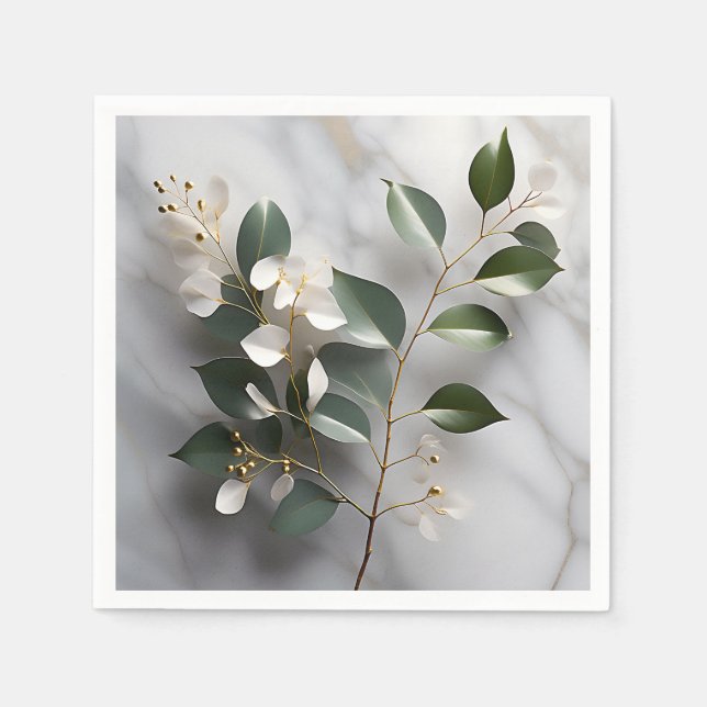 Minimalist Eucalyptus Branch On Marble Napkin (Front)