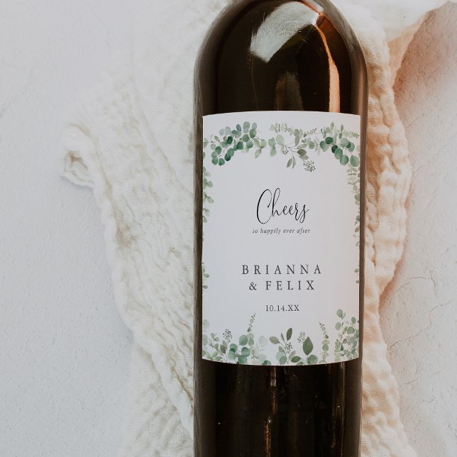 Minimalist Eucalyptus Cheers Wedding Wine Labels (Creator Uploaded)