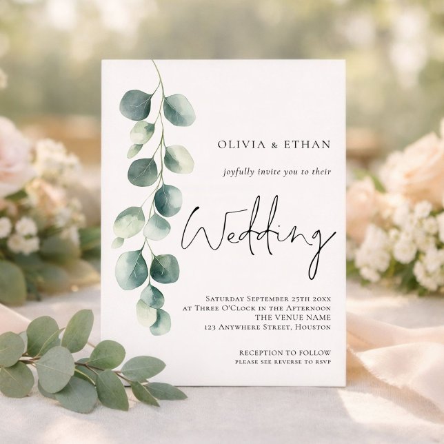 Minimalist Eucalyptus Elegant Script Sage Wedding Invitation (Creator Uploaded)