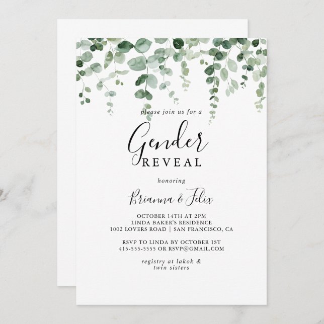 Minimalist Eucalyptus Gender Reveal Party  Invitation (Front/Back)