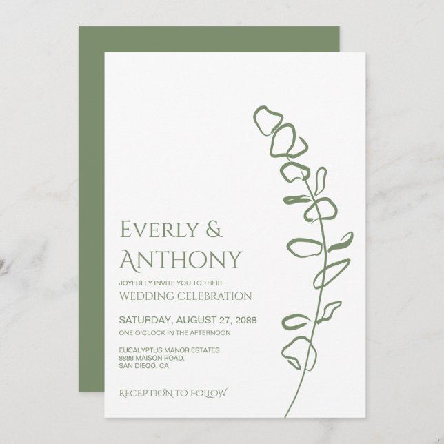 Minimalist Eucalyptus Green Wedding Invitation (Front/Back)