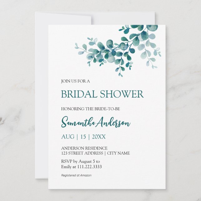 Minimalist eucalyptus greenery Bridal Shower Invitation (Front)