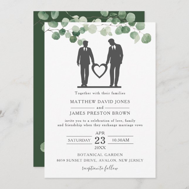 Minimalist Eucalyptus Greenery Gay Wedding Grooms  Invitation (Front/Back)