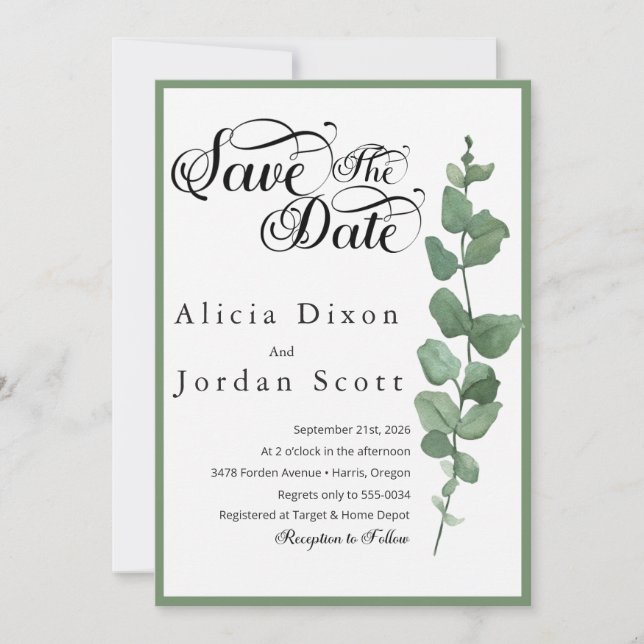 Minimalist Eucalyptus Greenery Save the Date Invitation (Front)