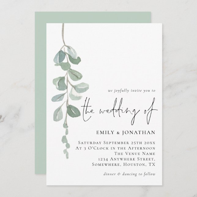 Minimalist Eucalyptus Handwriting Script Wedding Invitation (Front/Back)