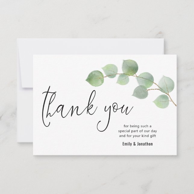 Minimalist Eucalyptus Leaf Script Photo Thank You Card (Front)