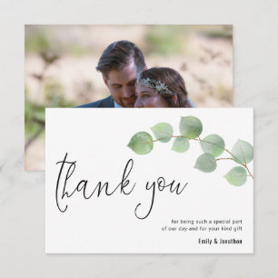 Minimalist Eucalyptus Leaf Script Photo Wedding Thank You Card