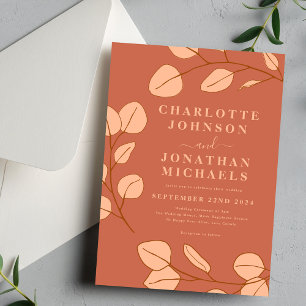 Minimalist Eucalyptus Leaf Terracotta Fall Wedding Invitation