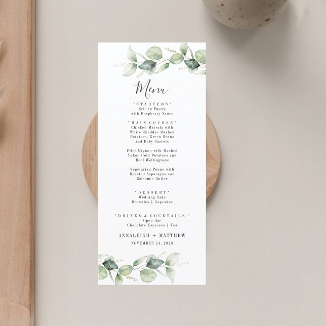 Minimalist Eucalyptus Leaves Elegant Wedding Menu (Eucalyptus Greenery Wedding Menu Card)