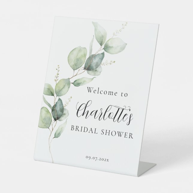 Minimalist Eucalyptus Script Bridal Shower Pedestal Sign (Front)