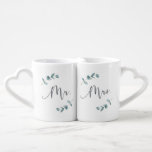 Minimalist Eucalyptus Script Wreath Mr. and Mrs. Coffee Mug Set<br><div class="desc">Simple Minimalist Eucalyptus Branches Framed Matching his and hers Mr. and Mrs. Nesting Coffee Mugs. Perfect for a newlyweds, couple's, wedding keepsake gift idea. In a soft subtle muted colour palette of teal aqua greens, pastel mint, dusty blue greys, and simple classic white. The elegant Calligraphy Script font is featured...</div>