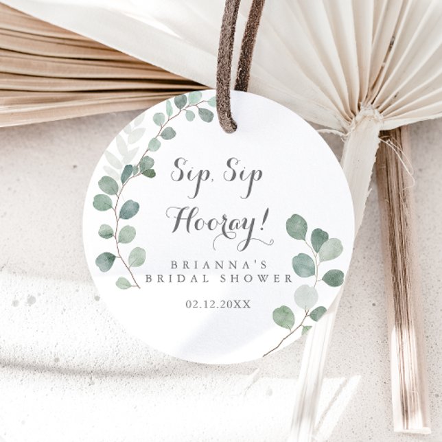 Minimalist Eucalyptus Sip Sip Hooray Bridal Shower Classic Round Sticker (Creator Uploaded)
