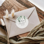 Minimalist Eucalyptus Thank You Wedding Favour  Classic Round Sticker<br><div class="desc">This minimalist eucalyptus thank you wedding favour classic round sticker is perfect for a modern wedding. The design features watercolor hand-drawn elegant botanical eucalyptus branches and leaves. Make the sticker labels your own by including your names, the event (if applicable), and the date. These stickers can compliment a wedding reception,...</div>