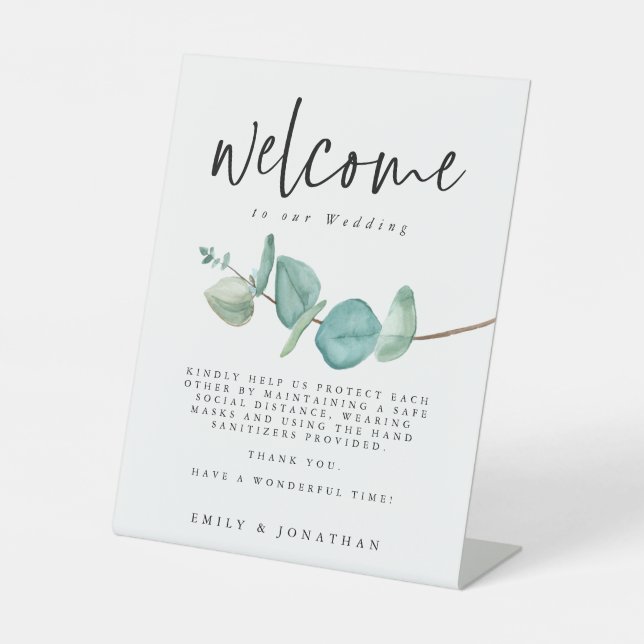 Minimalist Eucalyptus Welcome COVID Safety Pedestal Sign (Front)