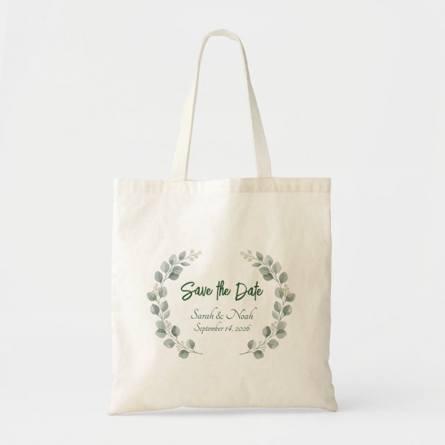 Minimalist Eucalyptus Wreath Save the Date custom Tote Bag (Front)