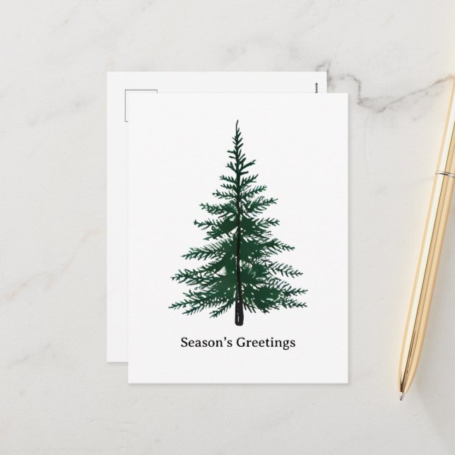 Minimalist Evergreen Tree Design Simple Hand-Draw Holiday Postcard (Front/Back In Situ)