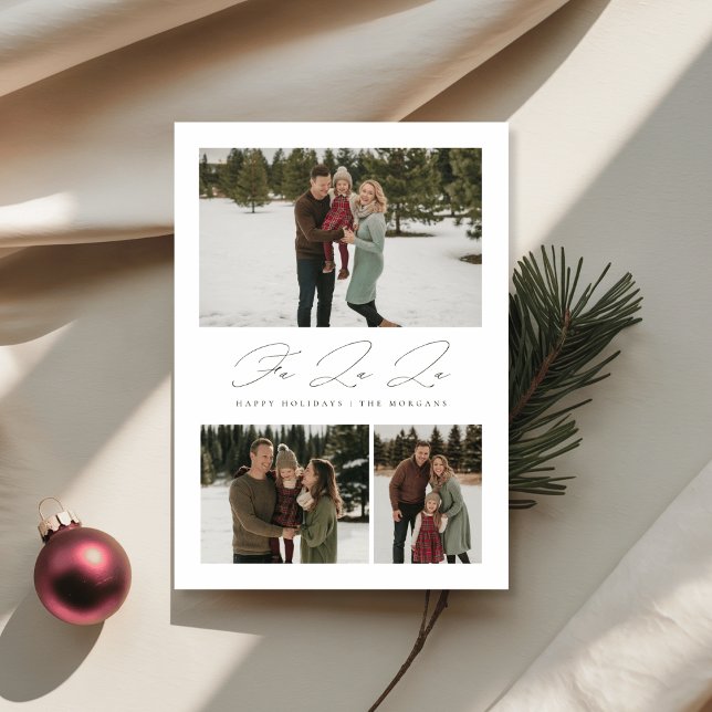 Minimalist Fa La La 3 Photo Elegant Christmas Card (Creator Uploaded)
