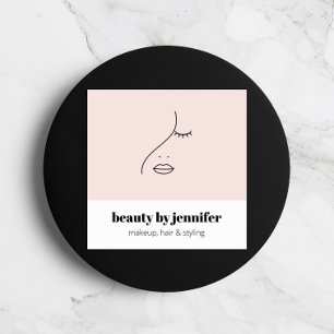 Minimalist Face Beauty Logo Makeup Artist Pink Square Business Card