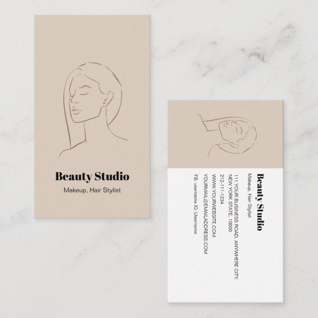 Minimalist Face Logo Hair Beauty Makeup Neutral Business Card (Front/Back)