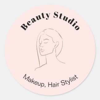Minimalist Face Logo Hair Beauty Makeup Pink Classic Round Sticker