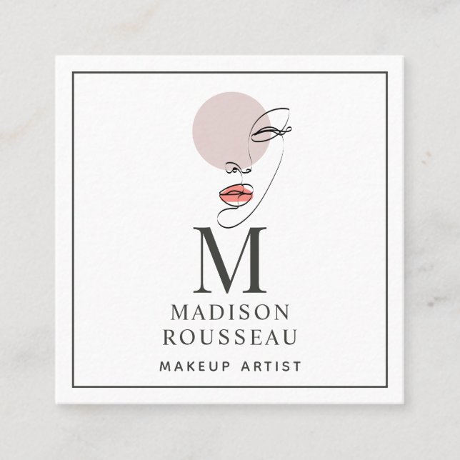 Minimalist Face Logo Monogrammed Makeup Artist  Sq Square Business Card (Front)