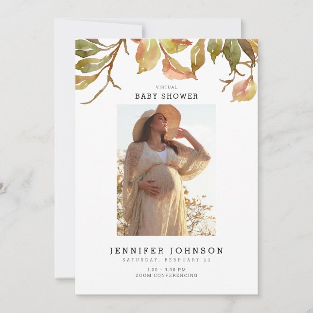Minimalist Fall Foliage Photo Virtual Baby Shower Invitation (Front)