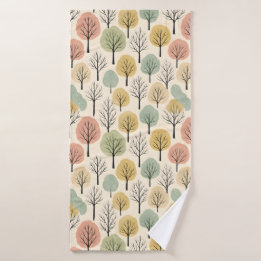 Minimalist Fall Tree Pattern Pastel Autumn Forest Bath Towel Set