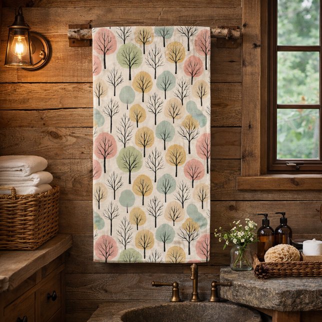 Minimalist Fall Tree Pattern Pastel Autumn Forest Bath Towel Set (Creator Uploaded)