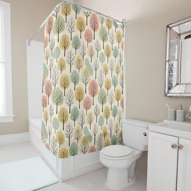 Minimalist Fall Tree Pattern Pastel Autumn Forest Shower Curtain (In Situ)